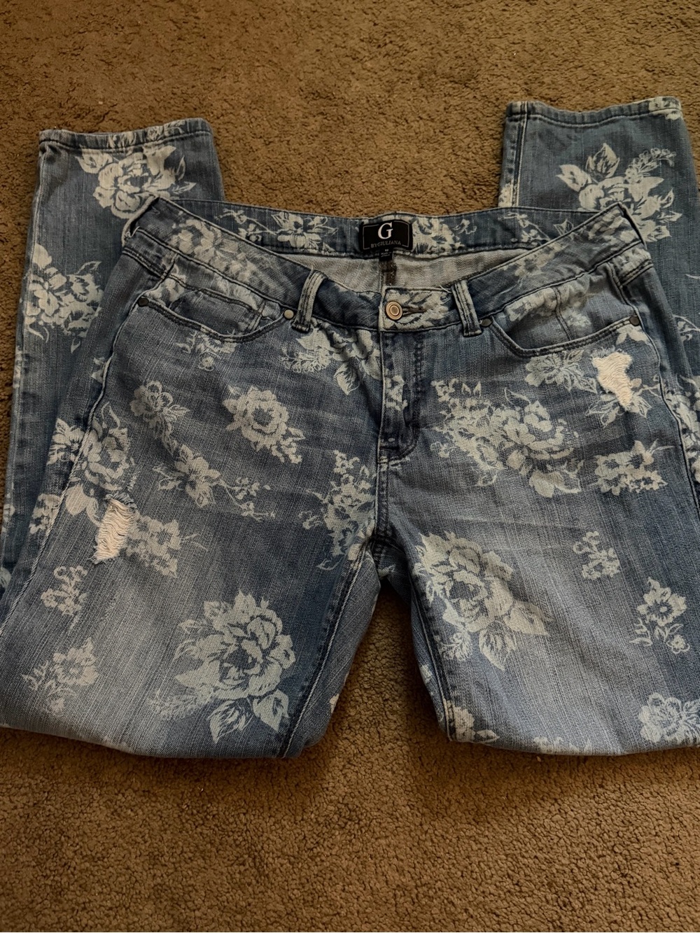 G by Giuliana Blue Floral Laser-Print Stretch Denim Jeans - Size 10